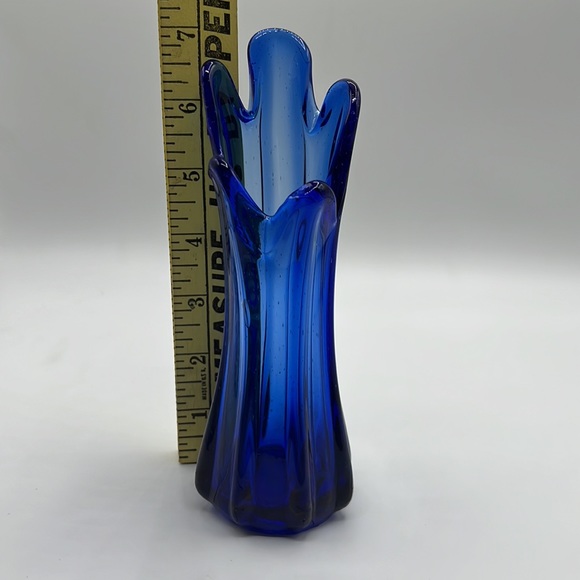 Vintage MCM 5 Finger Cobalt Blue Glass Swung Vase - Picture 3 of 12